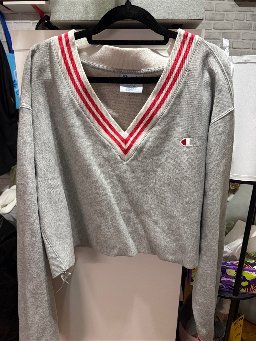 Champion Gray V-Neck Pullover with Red Stripe Trim